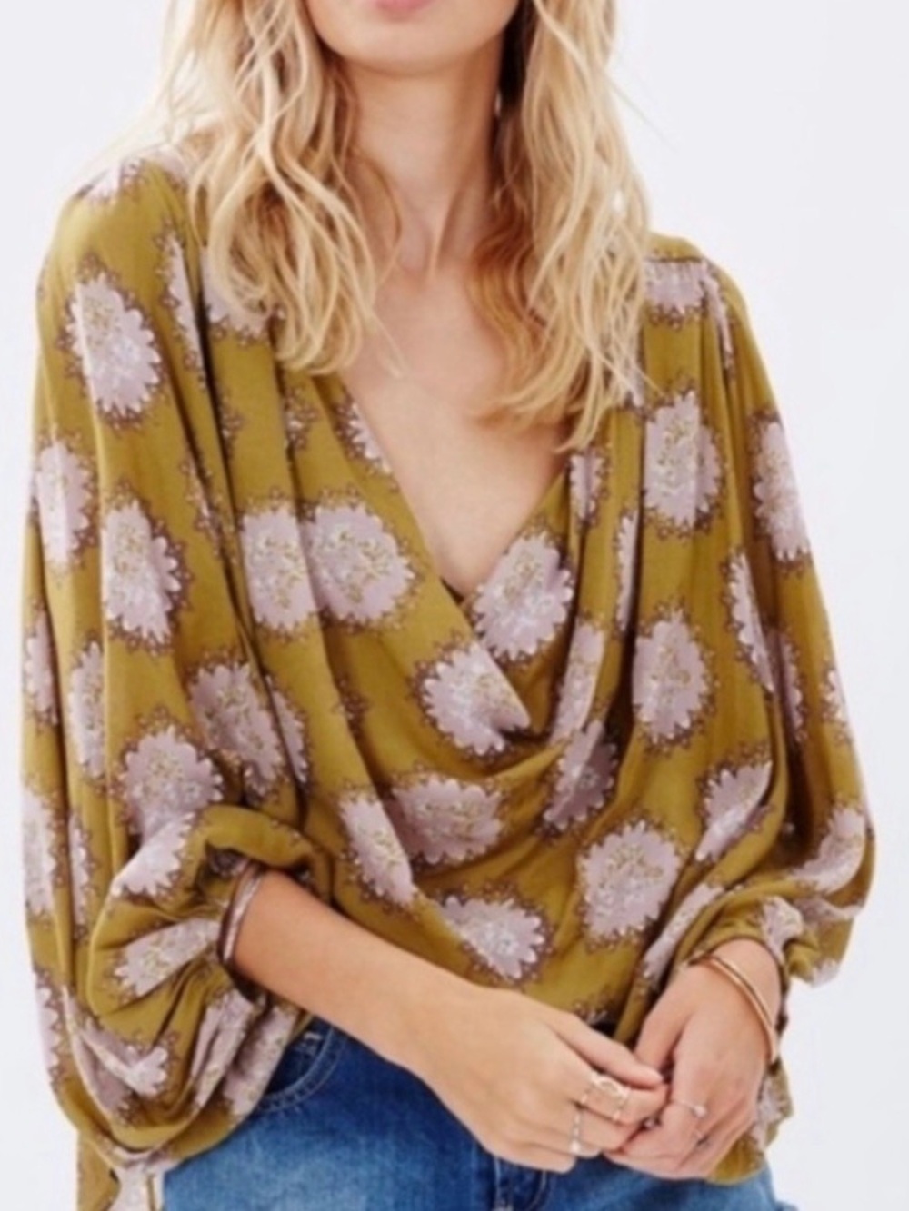 Free People Cowling Around Top Small Goldenrod Combo Cowl Neck Boho Blouse